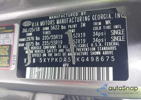 2019 Kia Sorento 3.3L Sx from USA, damaged, VIN 5XYPKDA50KG498675